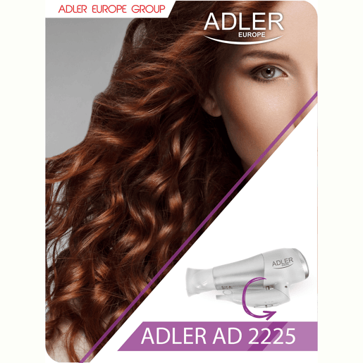 Adler AD2225 Secador de Cabelo para Viagem, Dobrável, Jacto de Ar frio, 2 Níveis de Potência, Bocal 360°, 2200, Cinza branco