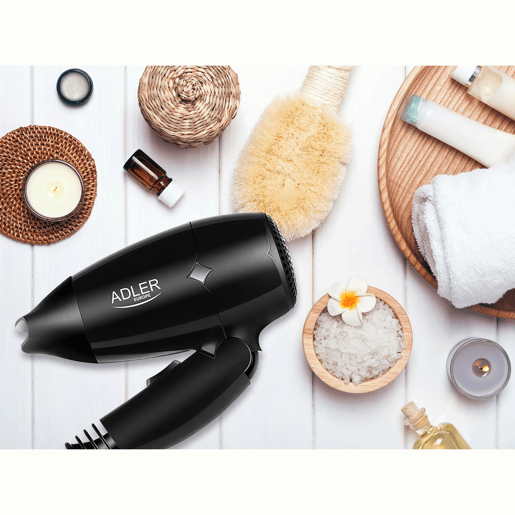 Adler AD2251 Secador de Cabelo para Viagem, Dobrável,Compacto, 2 Níveis de Potência, Bocal 360°, 1400, Preto