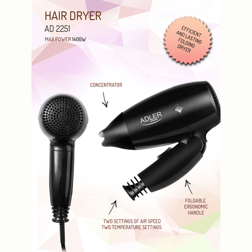 Adler AD2251 Secador de Cabelo para Viagem, Dobrável,Compacto, 2 Níveis de Potência, Bocal 360°, 1400, Preto
