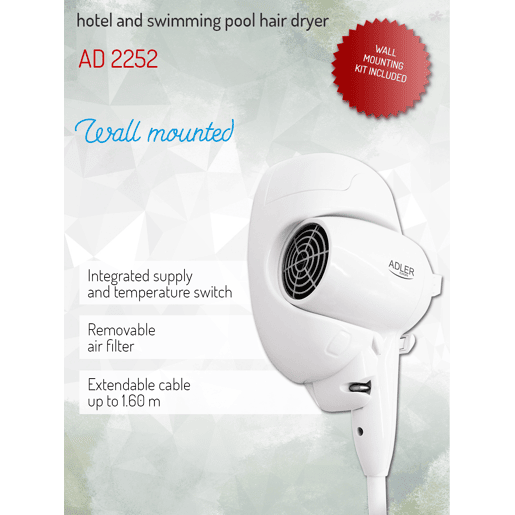 Adler AD 2252 Secador de cabelo com suporte de parede, 1600, Branco Adler AD 2252 Secador de cabelo com suporte de parede, 1600, Branco