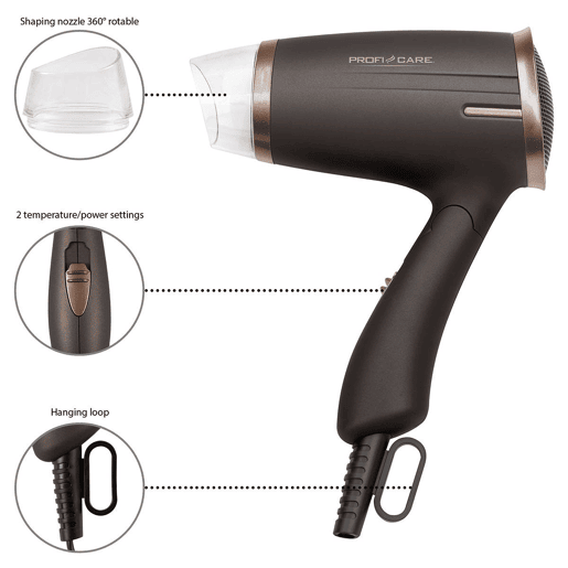 Proficare HT 3009 Secador de Cabelo 2 níveis temperatura viagens, 1400, MarroM