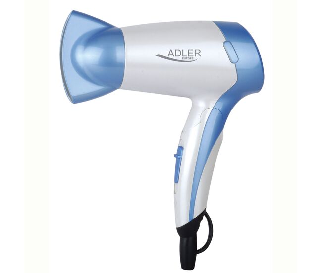 Adler ad2222 secador de pelo de viaje, plegable, compacto, 2 niveles temperatura / velocidad, boquilla 360o, 1200, blanco/azul