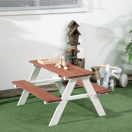 Outsunny Conjunto de Mesa e 2 Bancos Infantil de Madeira Mesa de Piquenique para Crianças de 3-8 Anos para Jardim Pátio Varanda 89x79x50 cm Marrom e Branco