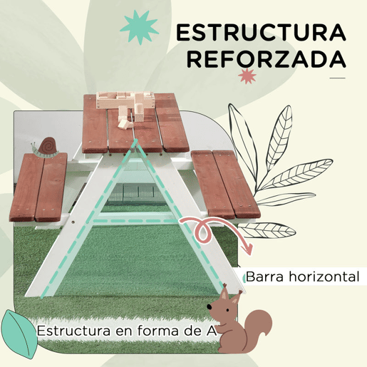 Outsunny Conjunto de Mesa e 2 Bancos Infantil de Madeira Mesa de Piquenique para Crianças de 3-8 Anos para Jardim Pátio Varanda 89x79x50 cm Marrom e Branco
