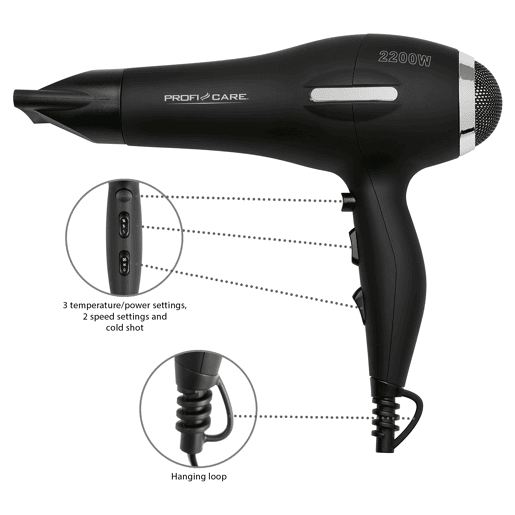 Proficare HT 3017 Secador de Cabelo 3 níveis temperatura difusor profissional Ionic, 2200, Preto
