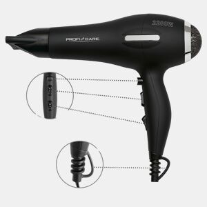 Proficare HT 3017 Secador de Cabelo 3 níveis temperatura difusor profissional Ionic, 2200, Preto