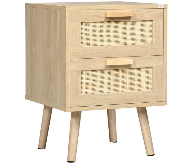 Homcom mesita de noche de diseño boho mesilla de noche con 2 cajones de rejilla y patas de madera para salón dormitorio 40x40x56 cm natural