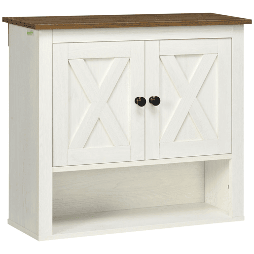 kleankin Armário Casa de Banho de Parede Móvel Casa de Banho de Parede com 2 Portas e Prateleiras de Armazenamento para Cozinha Entrada Corredor 60x19,5x52,5 cm Branco e Madeira