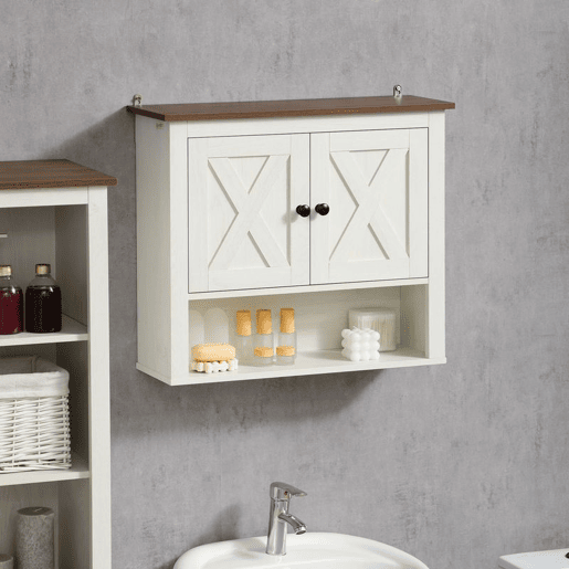 kleankin Armário Casa de Banho de Parede Móvel Casa de Banho de Parede com 2 Portas e Prateleiras de Armazenamento para Cozinha Entrada Corredor 60x19,5x52,5 cm Branco e Madeira