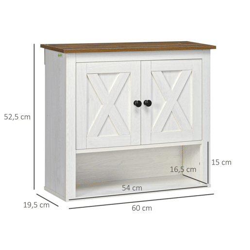kleankin Armário Casa de Banho de Parede Móvel Casa de Banho de Parede com 2 Portas e Prateleiras de Armazenamento para Cozinha Entrada Corredor 60x19,5x52,5 cm Branco e Madeira