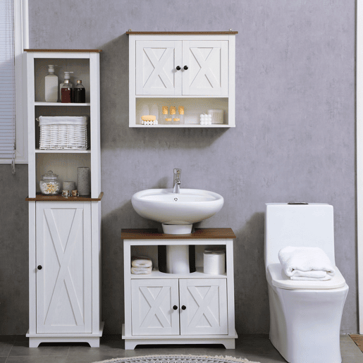 kleankin Armário Casa de Banho de Parede Móvel Casa de Banho de Parede com 2 Portas e Prateleiras de Armazenamento para Cozinha Entrada Corredor 60x19,5x52,5 cm Branco e Madeira