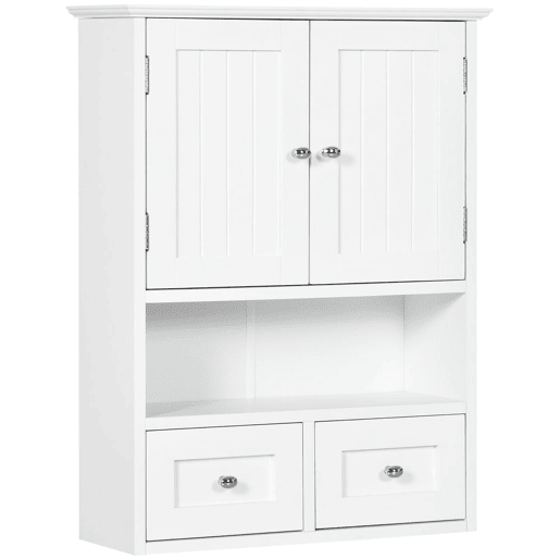 kleankin Armário de Parede para Casa de Banho Armário Suspenso de Casa de Banho com 2 Portas Prateleira Aberta e 2 Gavetas Estilo Moderno 50,8x17,8x66 cm Branco