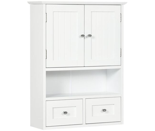 Kleankin armario de baño de pared, armario colgante, mueble suspendido de baño, 2 puertas con cierre magnético, 2 cajones y estante abierto, para cocina, lavadero, 50,8x17,8x66 cm, blanco