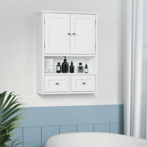 kleankin Armário de Parede para Casa de Banho Armário Suspenso de Casa de Banho com 2 Portas Prateleira Aberta e 2 Gavetas Estilo Moderno 50,8x17,8x66 cm Branco