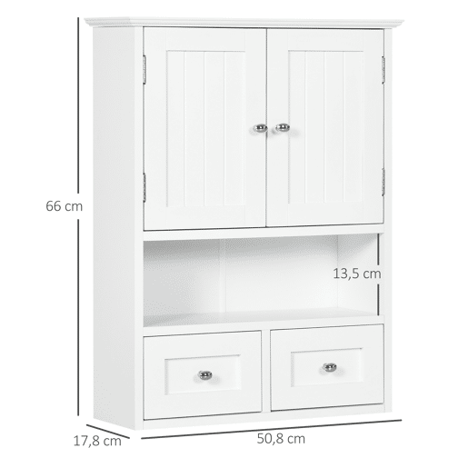kleankin Armário de Parede para Casa de Banho Armário Suspenso de Casa de Banho com 2 Portas Prateleira Aberta e 2 Gavetas Estilo Moderno 50,8x17,8x66 cm Branco