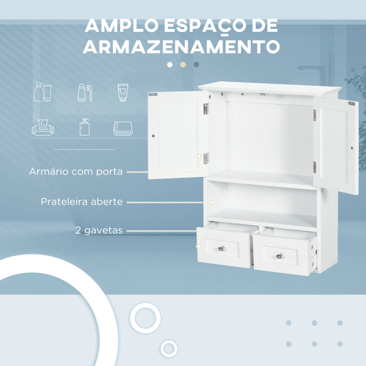 kleankin Armário de Parede para Casa de Banho Armário Suspenso de Casa de Banho com 2 Portas Prateleira Aberta e 2 Gavetas Estilo Moderno 50,8x17,8x66 cm Branco