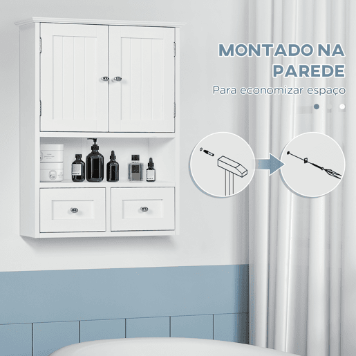 kleankin Armário de Parede para Casa de Banho Armário Suspenso de Casa de Banho com 2 Portas Prateleira Aberta e 2 Gavetas Estilo Moderno 50,8x17,8x66 cm Branco