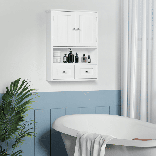 kleankin Armário de Parede para Casa de Banho Armário Suspenso de Casa de Banho com 2 Portas Prateleira Aberta e 2 Gavetas Estilo Moderno 50,8x17,8x66 cm Branco