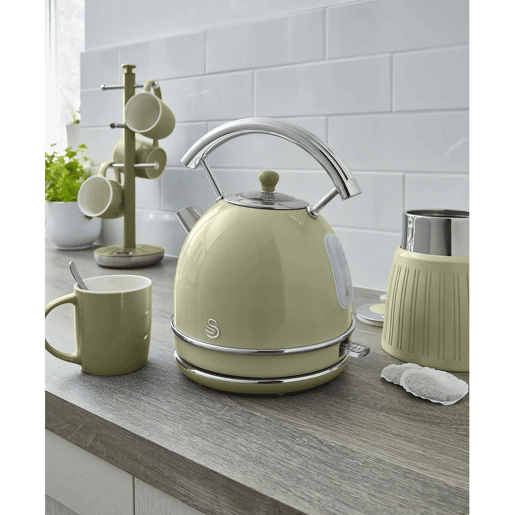 SWAN SK14630GNEU Retro Chaleira Eléctrica 1,8 L, Jarro Elétrico, Aço Inoxidável sem BPA, Vintage, Sem Fios, 3000, Verde