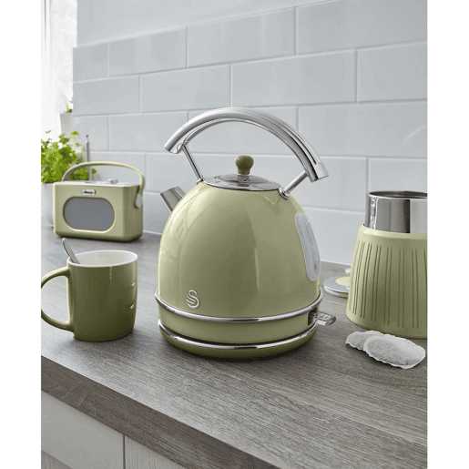 SWAN SK14630GNEU Retro Chaleira Eléctrica 1,8 L, Jarro Elétrico, Aço Inoxidável sem BPA, Vintage, Sem Fios, 3000, Verde
