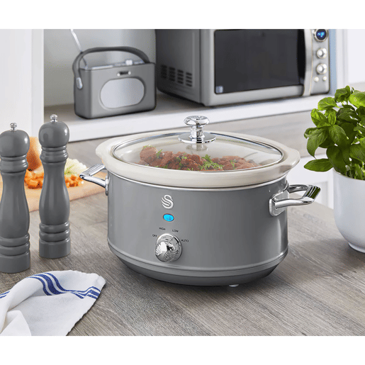 SWAN SF17021GRNEU Retro Slow Cooker 3,5L, Panela de Cerâmica Antiaderente sem PFOA e PTFE, 200, Cinza