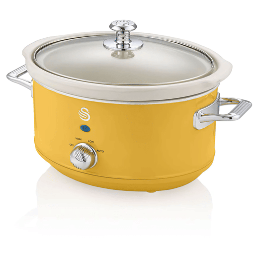 SWAN SF17021YELNEU Retro Slow Cooker 3,5L, Panela de Cerâmica Antiaderente sem PFOA e PTFE, 200, Amarelo