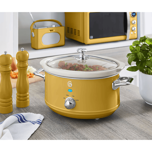 SWAN SF17021YELNEU Retro Slow Cooker 3,5L, Panela de Cerâmica Antiaderente sem PFOA e PTFE, 200, Amarelo