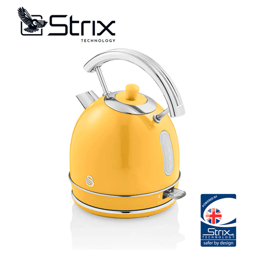 SWAN SK14630YELNEU Retro Chaleira Eléctrica 1,8 L, Jarro Elétrico, Aço Inoxidável sem BPA, Vintage, Sem Fios, 3000, Amarelo