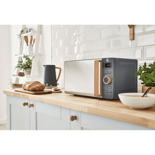 SWAN SM22036GRYNEU Micro-ondas 20L,6 níveis de Funcionamento, Temporizador 30 min, Modo Degelo, design moderno, Cabo de Efeito Madeira, 800, Cinza