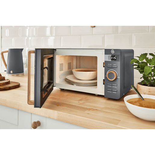 SWAN SM22036GRYNEU Micro-ondas 20L,6 níveis de Funcionamento, Temporizador 30 min, Modo Degelo, design moderno, Cabo de Efeito Madeira, 800, Cinza