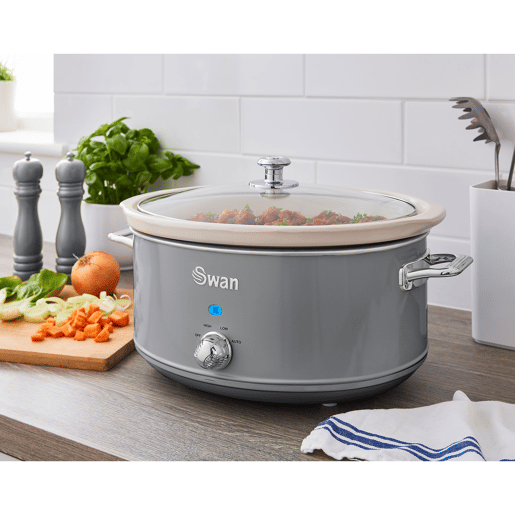 SWAN SF17031GRNEU Retro Slow Cooker 6,5L, Panela de Cerâmica Antiaderente sem PFOA e PTFE, 320, Cinza