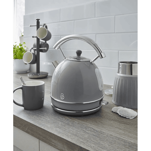 SWAN SK14630GRNEU Retro Chaleira Eléctrica 1,8 L, Jarro Elétrico, Aço Inoxidável sem BPA, Vintage, Sem Fios, 3000, Cinza