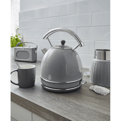 SWAN SK14630GRNEU Retro Chaleira Eléctrica 1,8 L, Jarro Elétrico, Aço Inoxidável sem BPA, Vintage, Sem Fios, 3000, Cinza