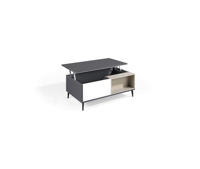 Mesa de centro elevable LEA acabada en antracita, blanco polar y visón. Patas metálicas negras. 100x