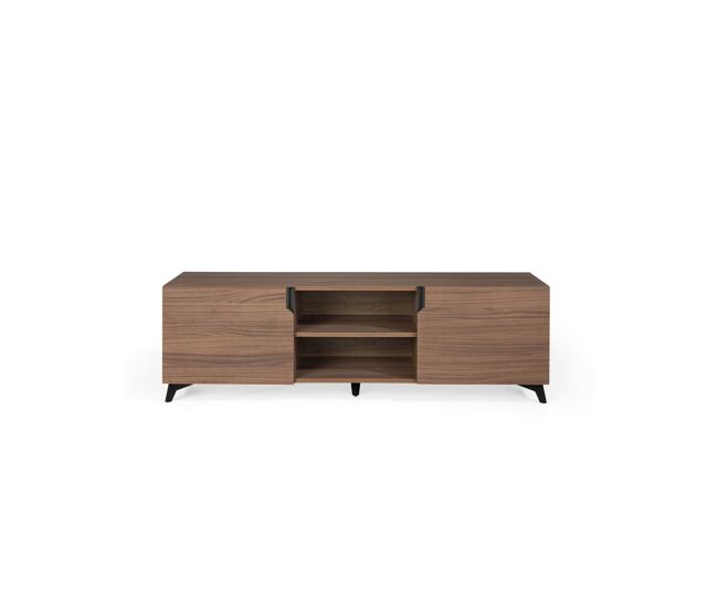 Mueble TV OVER acabado en nogal canaleto. Patas metálicas negras. 180x45x55cm