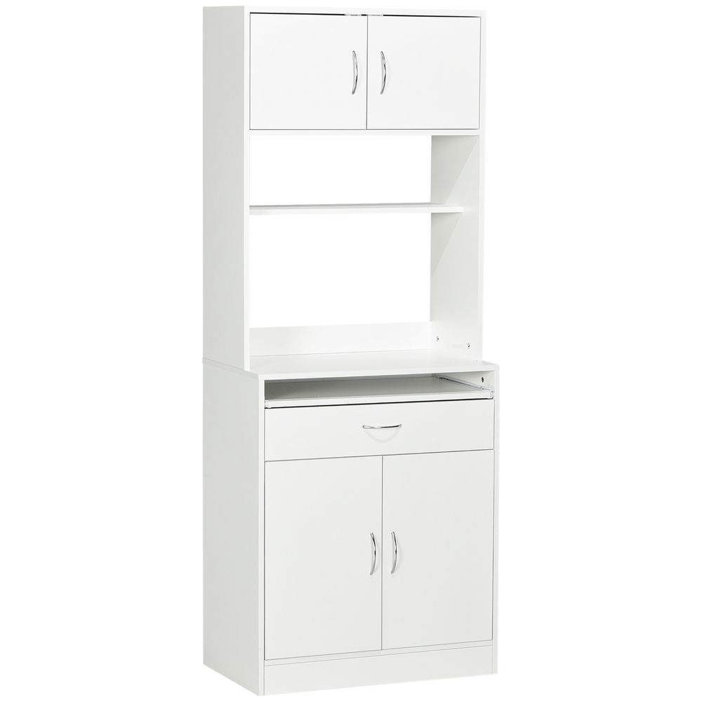 Homcom alacena de cocina mueble aparador auxiliar con 4 puertas bandeja extraíble estante ajustable cajón y encimera de microondas abierta 70x40x180 cm blanco