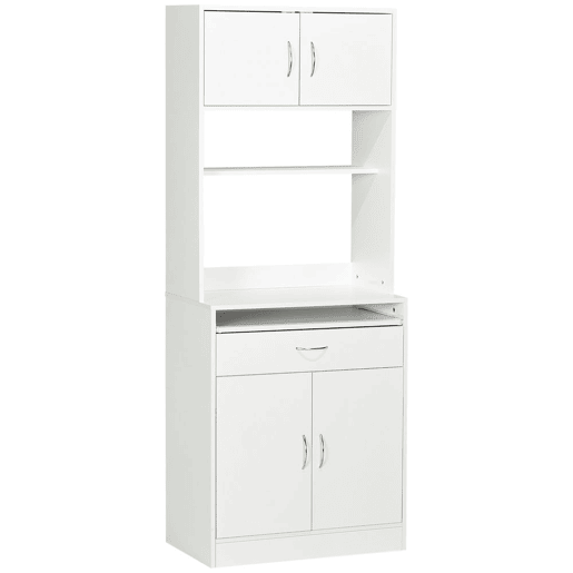 HOMCOM Armário de Cozinha Móvel Auxiliar de Cozinha com 4 Portas Bandeja Amovível Prateleira Ajustável Gaveta e Bancada para Micro-Ondas 70x40x180 cm Branco