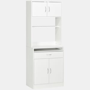 HOMCOM Armário de Cozinha Móvel Auxiliar de Cozinha com 4 Portas Bandeja Amovível Prateleira Ajustável Gaveta e Bancada para Micro-Ondas 70x40x180 cm Branco