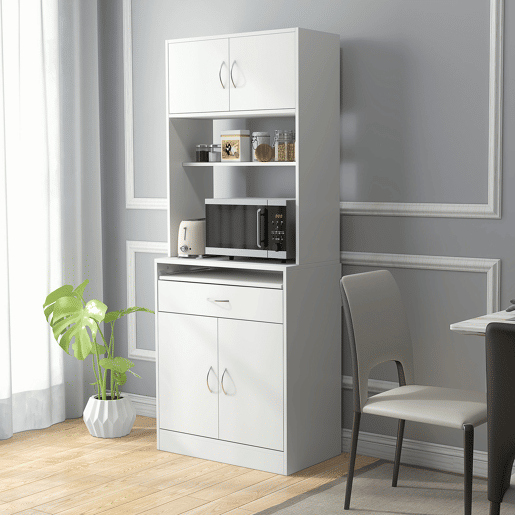 HOMCOM Armário de Cozinha Móvel Auxiliar de Cozinha com 4 Portas Bandeja Amovível Prateleira Ajustável Gaveta e Bancada para Micro-Ondas 70x40x180 cm Branco