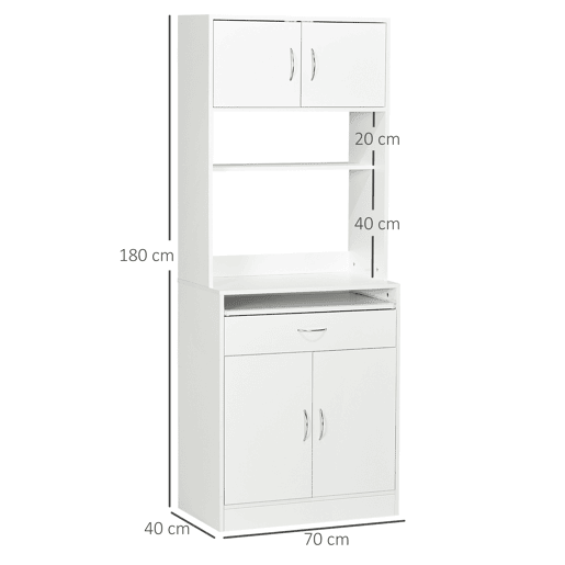 HOMCOM Armário de Cozinha Móvel Auxiliar de Cozinha com 4 Portas Bandeja Amovível Prateleira Ajustável Gaveta e Bancada para Micro-Ondas 70x40x180 cm Branco