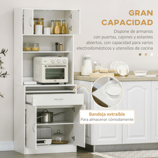 HOMCOM Armário de Cozinha Móvel Auxiliar de Cozinha com 4 Portas Bandeja Amovível Prateleira Ajustável Gaveta e Bancada para Micro-Ondas 70x40x180 cm Branco