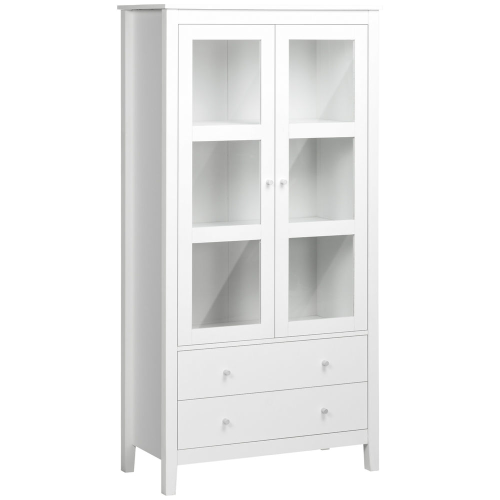 Homcom vitrina de salón aparador de cocina con 2 puertas de vidrio templado 3 estantes 2 cajones y bisagras de cierre suave para comedor oficina 80x40x160 cm blanco