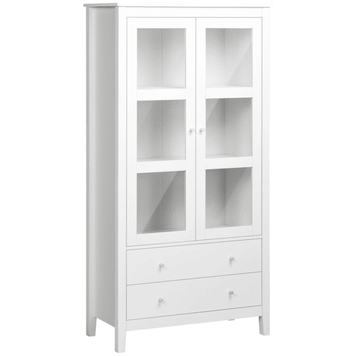 HOMCOM Vitrine de Sala de Estar Estante Escritório com 2 Portas de Vidro Temperado 3 Prateleiras 2 Gavetas e Dobradiças com Fechamento Suave para Sala de Jantar Escritório 80x40x160 cm Branco