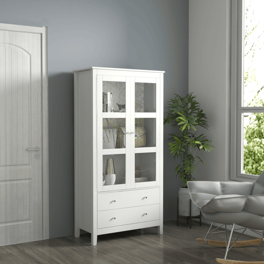 HOMCOM Vitrine de Sala de Estar Estante Escritório com 2 Portas de Vidro Temperado 3 Prateleiras 2 Gavetas e Dobradiças com Fechamento Suave para Sala de Jantar Escritório 80x40x160 cm Branco