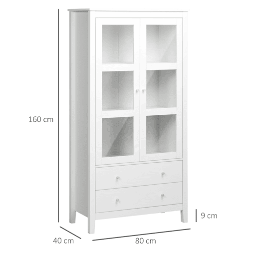 HOMCOM Vitrine de Sala de Estar Estante Escritório com 2 Portas de Vidro Temperado 3 Prateleiras 2 Gavetas e Dobradiças com Fechamento Suave para Sala de Jantar Escritório 80x40x160 cm Branco