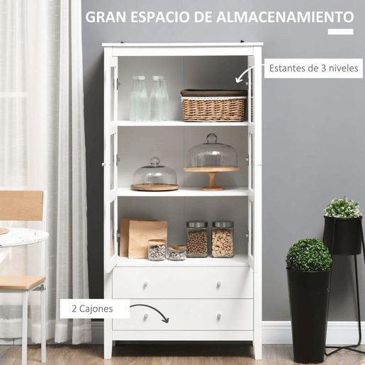 HOMCOM Vitrine de Sala de Estar Estante Escritório com 2 Portas de Vidro Temperado 3 Prateleiras 2 Gavetas e Dobradiças com Fechamento Suave para Sala de Jantar Escritório 80x40x160 cm Branco