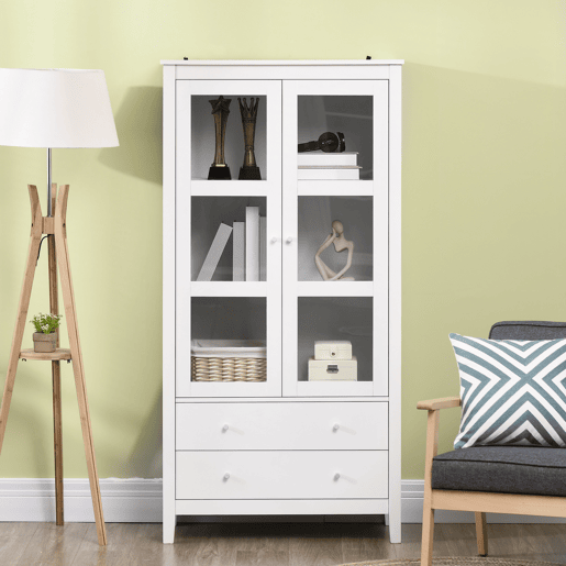 HOMCOM Vitrine de Sala de Estar Estante Escritório com 2 Portas de Vidro Temperado 3 Prateleiras 2 Gavetas e Dobradiças com Fechamento Suave para Sala de Jantar Escritório 80x40x160 cm Branco