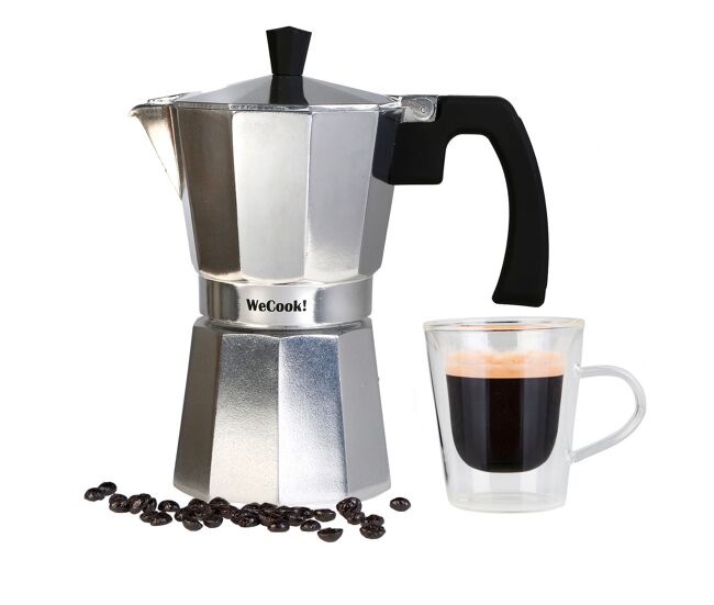 Wecook paola cafetera italiana aluminio 1 taza café, junta silicona, válvula seguridad, vitrocerámica, gas, , plata