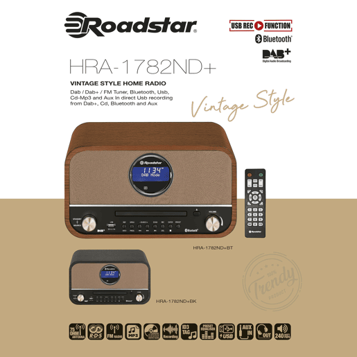 Roadstar HRA1782NDBT Aparelhagem de som Vintage Rádio DAB+FM, Leitor de CD-MP3, Bluetooth, USB, Controle Remoto, , Madeira