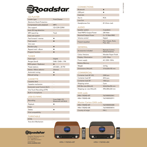 Roadstar HRA1782NDBT Aparelhagem de som Vintage Rádio DAB+FM, Leitor de CD-MP3, Bluetooth, USB, Controle Remoto, , Madeira